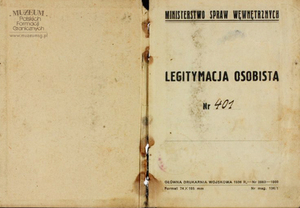 1. Tytuł: legitymacja osobista oficera Korpusu Ochrony Pogranicza
2. Treść: legitymacja osobista nr 401 porucznika Adama Wąsa, z baonu KOP Czortków
3. Hasła przedmiotowe: dokumentacja, wyposażenie funkcjonariuszy 1918-1939
4. Wytwórca: dowództwo batalionu KOP Czortków
5. Czas powstania: 1937 r.
6. Miejsce sporządzenia: Polska, Czortków
7. Materiał i technika wykonania: papier, druk wypełniony pismem odręcznym
8. Wymiary: 15 x 11 cm
9. Stan zachowania: dostateczny
10. Miejsce przechowywania / właściciel: Sala Tradycji Podlaskiego Oddziału Straży Granicznej w Białymstoku