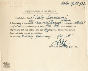 1.Tytuł: Władysław Praszmut
2.Treść: wynik badania stanu zdrowia Władysława Praszmuta - kandydata do Straży Granicznej 
3.Hasła przedmiotowe: Straż Graniczna, kadra
4.Wytwórca: Naczelny lekarz 5 Pułku Piechoty Legionów
5.Czas powstania: 19.12.1932 r.
6.Miejsce sporządzenia: Polska
7.Materiał i technika wykonania: papier, pismo odręczne
8.Wymiary: 22 x 17,5 cm
9.Stan zachowania: dobry
10.Miejsce przechowywania/właściciel: Archiwum Straży Granicznej w Szczecinie