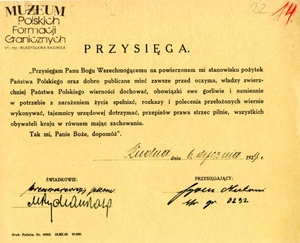 1. Tytuł: Antoni Schön
2. Treść: tekst przysięgi urzędniczej złożonej przez Antoniego Schöna
3. Hasła przedmiotowe: Straż Graniczna, kadra
4. Wytwórca: Placówka Straży Granicznej Rudna
5. Czas powstania: 06.01.1929 r.
6. Miejsce sporządzenia: Rudna, Polska
7. Materiał i technika wykonania: druk wypełniony odręcznie
8. Wymiary: 21,5 x 17 cm
9. Stan zachowania: dobry
10. Miejsce przechowywania/właściciel: Archiwum Straży Granicznej w Szczecinie