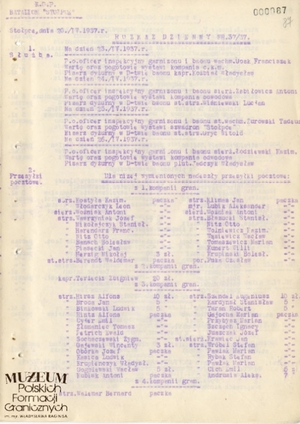 1. Tytuł: ppłk Wojciech Wójcik
2. Treść: rozkaz dzienny nr 37/37  Dowództwa Batalionu Korpusu Ochrony Pogranicza „Stołpce” informujący o objęciu przez płk. Wojciecha Wójcika stanowiska dowódcy batalionu
3. Hasła przedmiotowe: Korpus Ochrony Pogranicza, kadra
4. Wytwórca: Dowództwo Batalionu KOP „Stołpce”
5. Czas powstania: 20.04.1937 r.
6. Miejsce sporządzenia: Polska, Stołpce
7. Materiał i technika wykonania: maszynopis
8. Wymiary: 22x29cm
9. Stan zachowania: dobry
10. Miejsce przechowywania/właściciel: Archiwum Straży Granicznej w Szczecinie
