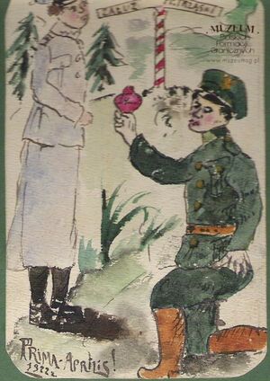 1. Tytuł: karta okolicznościowa
2. Opis obrazu: karta wykonana z okazji Prima aprilis
3. Data wydarzenia: 1922 r.
4. Osoby widoczne: brak danych
5. Hasła przedmiotowe: Straż Celna, prasa i wydawnictwa 
6. Opis techniczny: oryginał, kolorowa, malowana ręcznie 
7. Autor: brak danych
8. Miejsce przechowywania/właściciel: Lucjan Jankowski