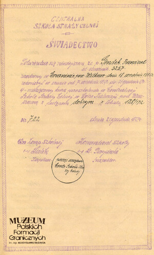 odpis świadectwa ukończenia przez st. str. Franciszka Gendka kursu przeszkoleniowego w Centralnej Szkole Straży Celnej w Górze Kalwarii