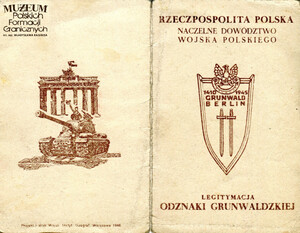 1. Tytuł: Jakub Pachowiak
2. Treść: legitymacja Odznaki Grunwaldzkiej st. wachm. Jakuba Pachowiaka nr 192754
3. Hasła przedmiotowe: kadra
4. Wytwórca: Naczelne Dowództwo Wojska Polskiego
5. Czas powstania: 25.06.1947 r.
6. Miejsce sporządzenia: Polska, Gniezno
7. Materiał i technika wykonania: druk wypełniony pismem odręcznym
8. Wymiary: brak danych
9. Stan zachowania: dobry
10. Miejsce przechowywania/właściciel: udostępnił Remigiusz Maćkowiak