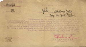 1. Tytuł: zawiadomienie 
2. Treść: dokument zawiadamiający plutonowego (starszego strażnika)  Jana Minknera o nadaniu Medalu Za Wojnę 1918 – 1921, podpisany przez  płk. Podonowskiego - komendanta Państwowej Komendy Uzupełnień.  Na drugiej stronie dokumentu widnieje informacja o warunkach nabycia medalu
3. Hasła przedmiotowe: Straż Graniczna, odznaczenia
4. Wytwórca: Państwowa Komenda Uzupełnień
5. Czas powstania: 11.02.1928 r.
6. Miejsce sporządzenia: Polska, Warszawa
7. Materiał i technika wykonania: maszynopis, rękopis
8. Wymiary: brak danych
9. Stan zachowania: dobry
10. Miejsce przechowywania/właściciel: Waldemar Bocheński