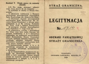 1. Tytuł: legitymacja Odznaki Pamiątkowej Straży Granicznej
2. Treść: legitymacja nr 1714 uprawniająca starszego strażnika  Jana Minknera do noszenia Odznaki Pamiątkowej Straży Granicznej,  podpisana przez płk. Jana Gorzechowskiego – Komendanta Straży Granicznej
3. Hasła przedmiotowe: Straż Graniczna, odznaczenia
4. Wytwórca: Komenda Straży Granicznej
5. Czas powstania: 1930 r.
6. Miejsce sporządzenia: Polska, Warszawa
7. Materiał i technika wykonania: druk wypełniony pismem ręcznym
8. Wymiary: brak danych
9. Stan zachowania: dobry
10. Miejsce przechowywania/właściciel: Waldemar Bocheński