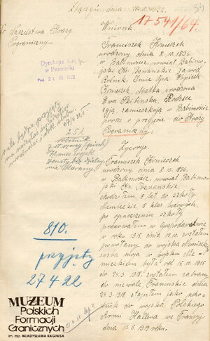 1. Tytuł: Franciszek Konieczek
2. Treść: własnoręczny życiorys 
3. Hasła przedmiotowe: Straż Celna, kadra
4. Wytwórca: Franciszek Konieczek
5. Czas powstania: 20.03.1922 r.
6. Miejsce sporządzenia: Polska, Zbąszyń
7. Materiał i technika wykonania: papier, pismo odręczne
8. Wymiary: 34 x 32,8 cm
9. Stan zachowania: dobry
10. Miejsce przechowywania/właściciel: Archiwum Straży Granicznej w Szczecinie