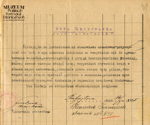 1. Tytuł: Franciszek Konieczek 
2. Treść: rota ślubowania 
3. Hasła przedmiotowe: Straż Celna, kadra 
4. Wytwórca: Straż Celna
5. Czas powstania: 14.01.1925 r.
6. Miejsce sporządzenia: Polska
7. Materiał i technika wykonania: papier, maszynopis, wypełniony ręcznie
8. Wymiary: 20 x 16,5 cm
9. Stan zachowania: dobry
10. Miejsce przechowywania/właściciel: Archiwum Straży Granicznej w Szczecinie