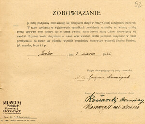 1.Tytuł: Szczepan Ławniczak
2.Treść: zobowiązanie Szczepana Ławniczaka do pozostania w służbie w Straży Celnej
3.Hasła przedmiotowe: Straż Celna, kadra
4.Wytwórca: Straż Celna
5.Czas powstania: 01.03.1922 r.
6.Miejsce sporządzenia: Polska, Rosko
7.Materiał i technika wykonania: papier, druk wypełniony ręcznie
8.Wymiary: 20 x 17 cm
9.Stan zachowania: dobry
10.Miejsce przechowywania/właściciel: Archiwum Straży Granicznej w Szczecinie
