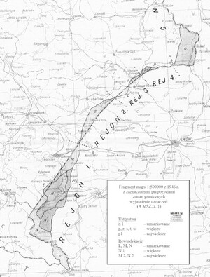 Fragment mapy Polski 1-500000 z zaznaczonymi propozycjami zmian granicy z ZSRR. Archiwum Ministerstwa Spraw Zagranicznych, zespół 1, wiązka 3, tom 2