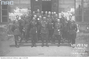 1. Tytuł: gen. dyw. Henryk Minkiewicz-Odrowąż 
2. Opis obrazu: gen. dyw. Henryk Minkiewicz-Odrowąż w otoczeniu oficerów KOP
3. Data wydarzenia: lata 20. XX w.
4. Osoby widoczne: dowódca Korpusu Ochrony Pogranicza gen. dyw. Henryk Odrowąż -Minkiewicz (na pierwszym planie w środku), podpułkownik Tadeusz Münnich (drugi z prawej)
5. Hasła przedmiotowe: Korpus Ochrony Pogranicza, dowódcy formacji granicznych
6. Opis techniczny: oryginał, czarnobiałe
7. Autor: brak danych
8. Miejsce przechowywania/właściciel: Narodowe Archiwum Cyfrowe w Warszawie