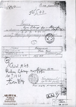 1. Tytuł: wniosek odznaczeniowy
2. Treść: wniosek o odznaczenie ppor. Karola Bacza Krzyżem Walecznych
3. Hasła przedmiotowe: kadra
4. Wytwórca: Dowództwo 1 Pułku Piechoty Legionów
5. Czas powstania: 09.10.1920 r.6. Miejsce sporządzenia: Polska, Bołczyce
7. Materiał i technika wykonania: papier, rękopis
8. Wymiary: brak danych
9. Stan zachowania: dobry
10. Miejsce przechowywania/właściciel: Centralne Archiwum Wojskowe w Warszawie