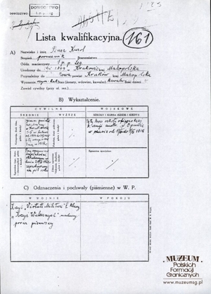1. Tytuł: lista kwalifikacyjna
2. Treść: lista kwalifikacyjna por. Karola Bacza
3. Hasła przedmiotowe: kadra
4. Wytwórca: Dowództwo 1 Pułku Piechoty Legionów
5. Czas powstania: 1921 r.
6. Miejsce sporządzenia: Polska
7. Materiał i technika wykonania: papier, druk wypełniony odręcznie
8. Wymiary: brak danych
9. Stan zachowania: dobry
10. Miejsce przechowywania/właściciel: Centralne Archiwum Wojskowe w Warszawie