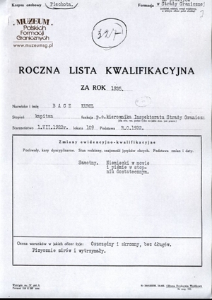 1. Tytuł: roczna lista kwalifikacyjna
2. Treść: karta kwalifikacyjna kpt. Karola Bacza
3. Hasła przedmiotowe: kadra
4. Wytwórca: Ministerstwo Skarbu
5. Czas powstania: 1935 r.
6. Miejsce sporządzenia: Polska, Warszawa
7. Materiał i technika wykonania: papier, druk wypełniony maszynowo
8. Wymiary: brak danych
9. Stan zachowania: dobry
10. Miejsce przechowywania/właściciel: Centralne Archiwum Wojskowe w Warszawie