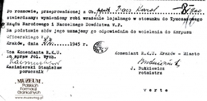 1. Tytuł: zaświadczenie Rejonowej Komendy Uzupełnień
2. Treść: zaświadczenie dotyczące możliwości wcielenia ppłk. Karola Bacza do Korpusu Oficerskiego Wojska Polskiego
3. Hasła przedmiotowe: kadra
4. Wytwórca: Rejonowa Komenda Uzupełnień Kraków - Miasto
5. Czas powstania: 22.[05].1945 r.
6. Miejsce sporządzenia: Polska, Kraków
7. Materiał i technika wykonania: papier, pismo maszynowe
8. Wymiary: brak danych
9. Stan zachowania: dobry
10. Miejsce przechowywania/właściciel: Centralne Archiwum Wojskowe w Warszawie