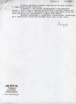 1. Tytuł: odwołanie od decyzji
2. Treść: pismo płk. Karola Bacza do Marszałka Polski Michała Roli-Żymierskiego, Naczelnego Dowódcy Wojsk Polskich w związku z odwołaniem ze stanowiska w 12 Oddziale Wojsk Ochrony Pogranicza
3. Hasła przedmiotowe: kadra
4. Wytwórca: płk Karol Bacz
5. Czas powstania: 28.02.1947 r.
6. Miejsce sporządzenia: Polska, Sopot
7. Materiał i technika wykonania: papier, pismo maszynowe
8. Wymiary: 21 x 29,5 cm
9. Stan zachowania: dobry
10. Miejsce przechowywania/właściciel: Centralne Archiwum Wojskowe w Warszawie