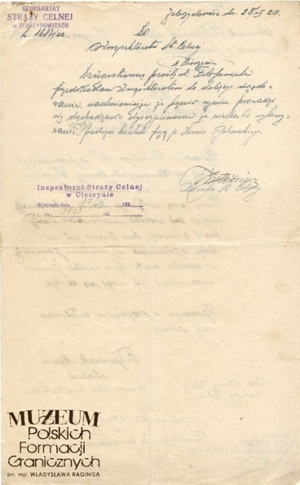 1. Tytuł: prośba 
2. Treść: prośba o przeniesienie oraz opinie przełożonych
3. Hasła przedmiotowe: Straż Celna, dokumentacja
4. Wytwórca: str. Adam Filipowiak
5. Czas powstania: 28.12.1923 r.
6. Miejsce sporządzenia: Polska, Kaczyce
7. Materiał i technika wykonania: rękopis
8. Wymiary: 20 x 33 cm
9. Stan zachowania: dobry
10. Miejsce przechowywania/właściciel: Archiwum Straży Graniczne w Szczecinie