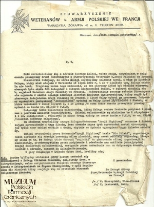 1. Tytuł: powiadomienie
2. Treść: pismo informujące str. Adama Filipowiaka o warunkach przyjęcia do Stowarzyszenia Weteranów byłej Armii Polskiej we Francji 
3. Hasła przedmiotowe: Straż Graniczna
4. Wytwórca: Stowarzyszenie Weteranów byłej Armii Polskiej we Francji
5. Czas powstania: 1930 r.
6. Miejsce sporządzenia: Polska
7. Materiał i technika wykonania: maszynopis
8. Wymiary: 22 x 28 cm
9. Stan zachowania: dostateczny
10. Miejsce przechowywania/właściciel: Władysław Filipowiak