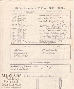 1. Tytuł: lista kwalifikacyjna
2. Treść: dane dotyczące przebiegu służby, wykształcenia cywilnego i wojskowego  Feliksa Józefa Olasa
3. Hasła przedmiotowe: Straż Graniczna, kadra
4. Wytwórca: brak danych
5. Czas powstania: połowa lat 20.
6. Miejsce sporządzenia: Polska
7. Materiał i technika wykonania: druk wypełniony pismem odręcznym
8. Wymiary: brak danych
9. Stan zachowania: dobry
10. Miejsce przechowywania/właściciel: Andrzej Olas