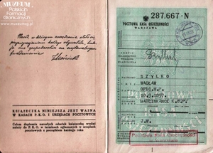 1. Tytuł: książeczka oszczędnościowa Pocztowej Kasy Oszczędnościowej
2. Treść: książeczka oszczędnościowa PKO oficera KOP kpt. Wacława Szylko
3. Hasła przedmiotowe: Korpus Ochrony Pogranicza, kadra
4. Wytwórca: Pocztowa Kasa Oszczędnościowa
5. Czas powstania: 1938 r.
6. Miejsce sporządzenia: Polska, Warszawa
7. Materiał i technika wykonania: papier, druk wypełniony pismem ręcznym i maszynowym
8. Wymiary: brak danych
9. Stan zachowania: dobry
10. Miejsce przechowywania/właściciel: Stowarzyszenie Weteranów Polskich Formacji Granicznych