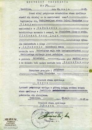 1.Tytuł: odpis aktu urodzenia nr 59 z dnia 20.05.1927 r.2.Treść: potwierdzenie urodzenia syna funkcjonariusza Straży Celnej  Stanisława Zimnego  3.Hasła przedmiotowe: kadra4.Wytwórca: Urząd Stanu Cywilnego w Gowidlinie5.Czas powstania: 20.05.1927 r.6.Miejsce sporządzenia: Polska, Gowidlino7.Materiał i technika wykonania: papier, druk maszynowy8.Wymiary: 21 x 34 cm9.Stan zachowania: dobry
10.Miejsce przechowywania/właściciel: Archiwum Straży Granicznej w Szczecinie