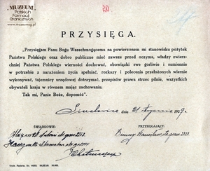 1.Tytuł: przysięga2.Treść: tekst przysięgi, złożonej przez strażnika granicznego  Stanisława Zimnego 3.Hasła przedmiotowe: kadra, przysięgi4.Wytwórca: Straż Graniczna5.Czas powstania: 21.01.1929 r.6.Miejsce sporządzenia: Polska, Sierakowice7.Materiał i technika wykonania: papier, druk wypełniony ręcznie8.Wymiary: 20 x 16,5 cm9.Stan zachowania: dobry
10.Miejsce przechowywania/właściciel: Archiwum Straży Granicznej w Szczecinie