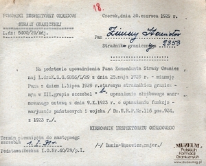 1.Tytuł: akt mianowania2.Treść: informacja Pomorskiego Inspektora Okręgowego Straży Granicznej  skierowane do Stanisława Zimnego o mianowaniu go na stopień starszego  strażnika granicznego z dniem 01.07.1929 r.3.Hasła przedmiotowe: kadra4.Wytwórca: Pomorski Inspektorat Okręgowy Straży Granicznej5.Czas powstania: 20.06.1929 r.6.Miejsce sporządzenia: Polska, Warszawa7.Materiał i technika wykonania: papier, pismo maszynowe8.Wymiary: 21 x 17,2 cm9.Stan zachowania: dobry
10.Miejsce przechowywania/właściciel: Archiwum Straży Granicznej w Szczecinie