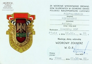 1. Tytuł: legitymacja  Odznaki „Wzorowy Żołnierz” Wojsk Ochrony Pogranicza
2. Treść:  legitymacja nadająca złotą odznakę
3. Hasła przedmiotowe: odznaczenia
4. Wytwórca: Dowództwo WOP
5. Czas powstania: 25.10.1985 r.
6. Miejsce sporządzenia: Polska, Warszawa 
7. Materiał i technika wykonania: papier, druk wypełniony pismem maszynowym 
8. Wymiary: brak danych
9. Stan zachowania: dobry
10. Miejsce przechowywania / właściciel: Sala Tradycji Podlaskiego Oddziału  Straży Granicznej w Białymstoku