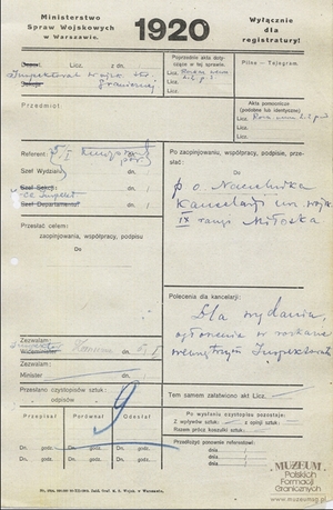 1. Tytuł: formularz kancelaryjny Inspektoratu
2. Treść: pierwsza strona formularza
3. Hasła przedmiotowe: biurowość i kancelaria
4. Wytwórca: Inspektorat Wojskowej Straży Granicznej
5. Czas powstania: 02.07.1920 r.
6. Miejsce sporządzenia: Polska, Warszawa
7. Materiał i technika wykonania: druk, rękopis
8. Wymiary: 22,5 x 35,2 cm
9. Stan zachowania: dobry 
10. Miejsce przechowywania/właściciel: Archiwum Straży Granicznej w Szczecinie