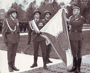 1. Tytuł: odznaczanie sztandaru brygady
2. Opis obrazu: gen. bryg. Leon Czubiński dekorujący sztandar Nadbużańskiej  Brygady Wojsk Ochrony Pogranicza Orderem Sztandaru Pracy II klasy
3. Data wydarzenia: 13.10.1983 r.
4. Osoby widoczne: od lewej – ppor. Henryk Biaduń, st. chor. Mieczysław Mróz,  st. sierż. Andrzej Łapiński, gen. bryg. Lucjan Czubiński 
5. Hasła przedmiotowe: Wojska Ochrony Pogranicza, święta resortowe
6. Opis techniczny: oryginał, czarnobiałe
7. Autor: Jan Ufnal
8. Miejsce przechowywania/właściciel: Nadbużański Oddział Straży Granicznej  w Chełmie