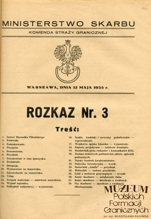 1. Tytuł: Strażnik Alojzy Mrozek
2. Treść: rozkaz nr 3 Komendy Straży Granicznej informujący o delegowaniu str. Alojzego Mrozka na VI kurs tresury psów granicznych w Centralnej Szkole Straży Granicznej w Rawie Ruskiej 
3. Hasła przedmiotowe: Straż Graniczna, kadra
4. Wytwórca: Komenda Straży Granicznej			
5. Czas powstania: 12.05.1935 r.
6. Miejsce sporządzenia: Polska, Warszawa			
7. Materiał i technika wykonania: druk
8. Wymiary: 19x27 cm
9. Stan zachowania: dobry
10. Miejsce przechowywania/właściciel: Archiwum Straży Granicznej w Szczecinie